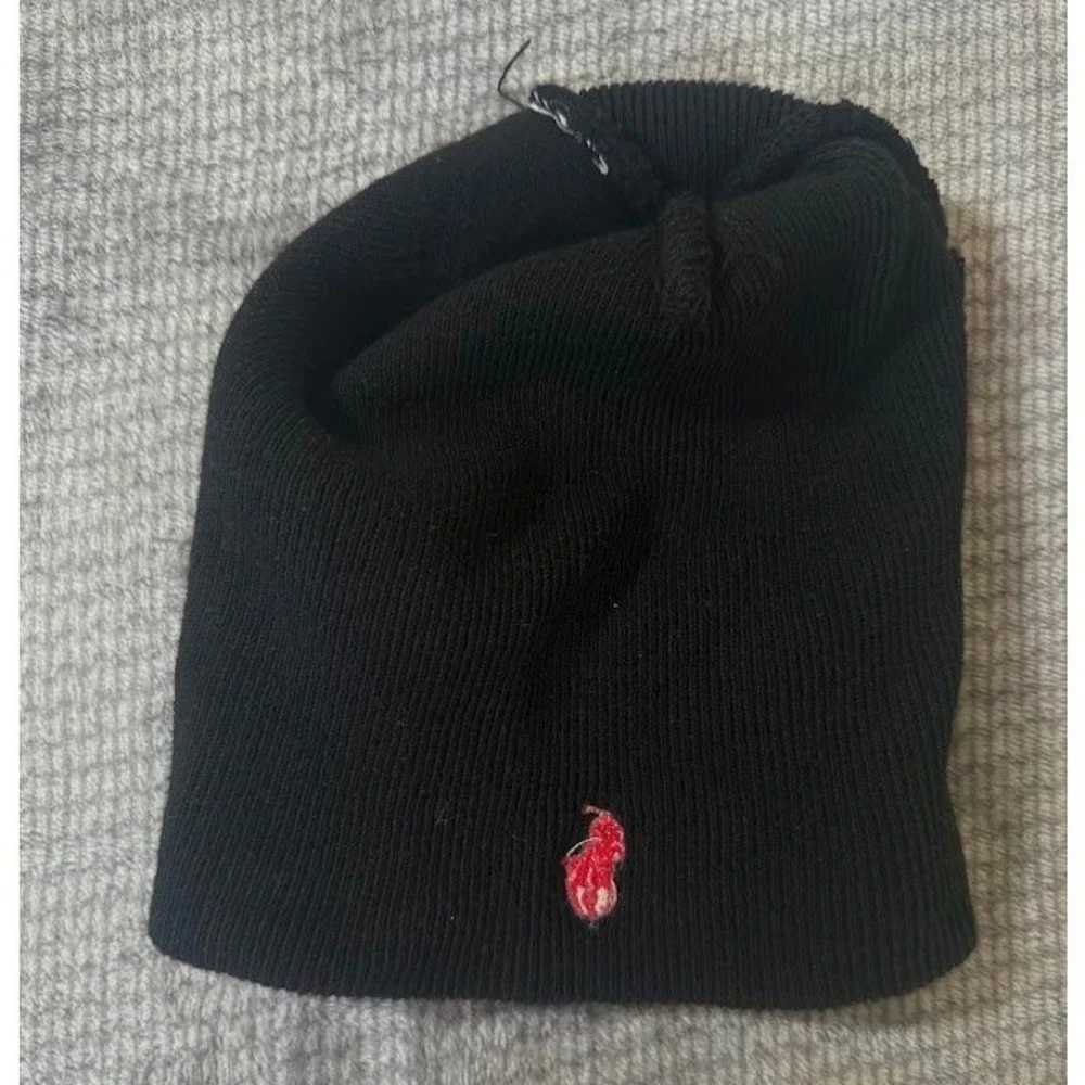Polo Ralph Lauren Beanie Hat Black Red Pony Logo Ribbed Knit Mens One Size